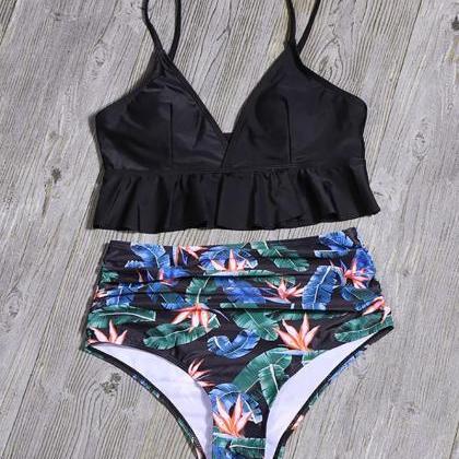 Ruffles Print Leaf Bikini Set Swimsuit Swimwear