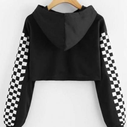 Checkered Print Cropped Drawstring Hoodie Sweater