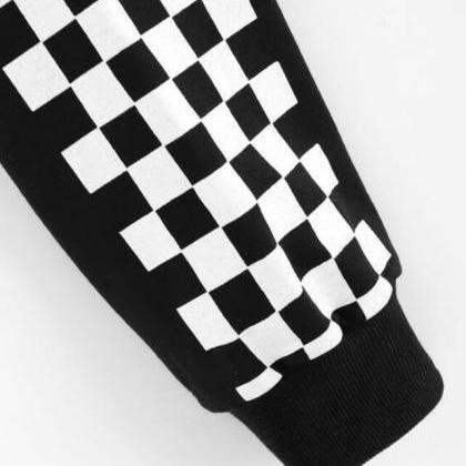 Checkered Print Cropped Drawstring Hoodie Sweater