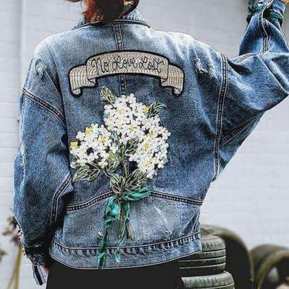Womens Denim Embroidery Loose Jacket Coat