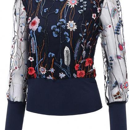Long Sleeves Floral Embroidery Shirt Top