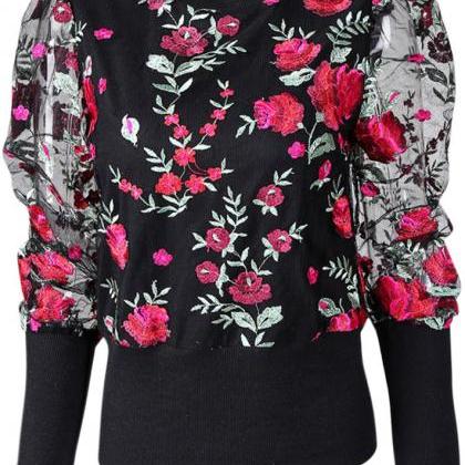 Long Sleeves Floral Embroidery Shirt Top