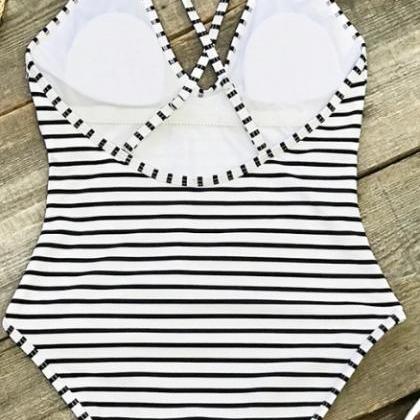 Striped Cross Bikini One-piece Swimwear