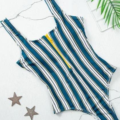 Sexy Zipper Print Stripes One-piece Swimwear