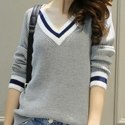 Womens V-neck Pullover Knit Sweater