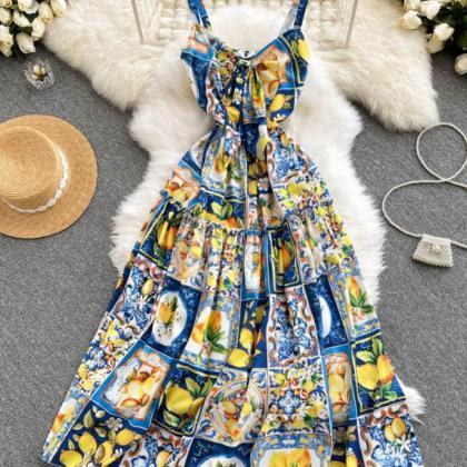 Vintage Print Strap Sleeveless Dress