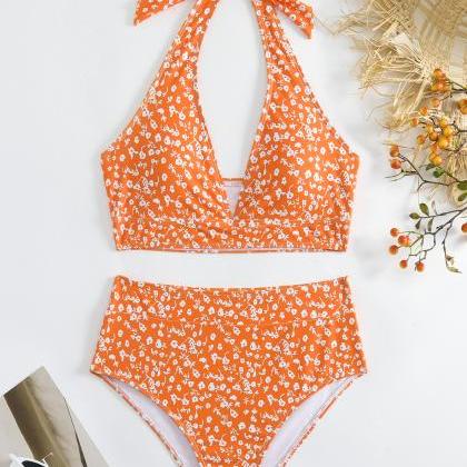 Floral Tie Back Halter Bikini Set Swimsuit