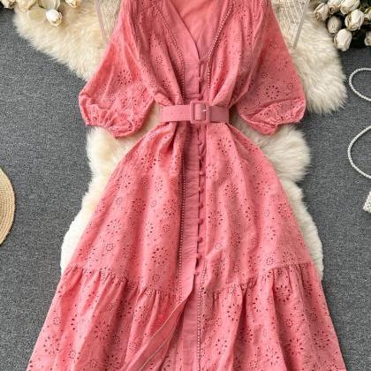 Loose Embroidery V-neck Hollow Dress