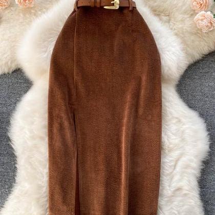 Elegant Corduroy High-waist Skirts With Sleek Belt..