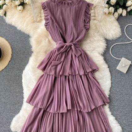 Solid Color Sleeveless Ruffled Chiffon Dress