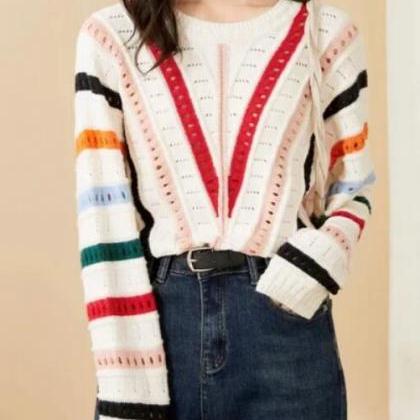 Long Sleeved Striped Pullover Knitted Sweater
