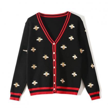 Womens Knitted Embroidery V-neck Cardigan Jacket