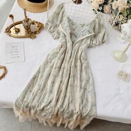 Retro Lace High Waisted Print Dress