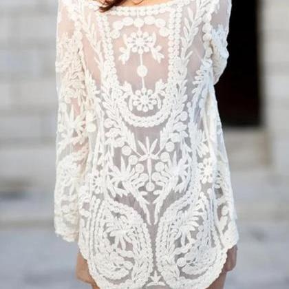 Beach Cover Up Hollow Long Sleeve Lace Blouses