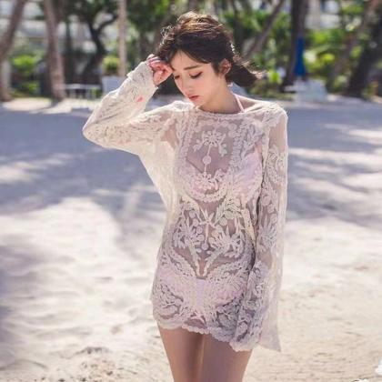 Beach Cover Up Hollow Long Sleeve Lace Blouses