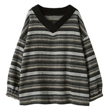 Striped V-neck Pullover Loose Sweater
