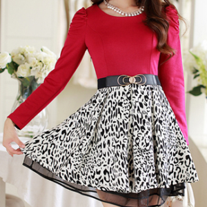 Slim Was Thin Long-sleeved Dress Stitching Leopard..