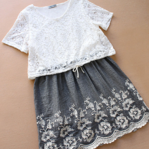 Lace Stitching Short-sleeved Round Neck Dress..