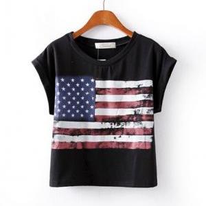 Fashion Flag Loose Round Neck T-shirt Ax091301ax