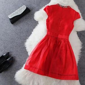 Red stitching short-sleeved dress A..