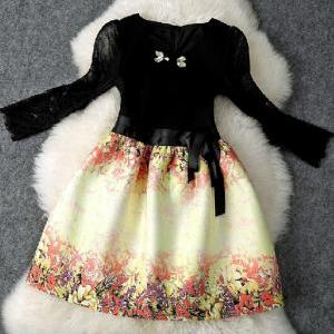 Slim Round Neck Lace Print Dress Ax102117ax