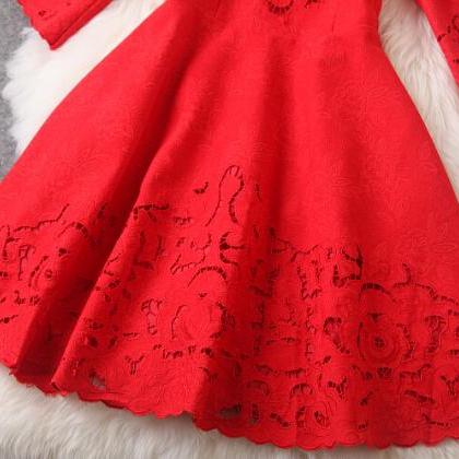 Retro Hollow Jacquard Embroidered Red Dress..