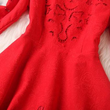 Retro Hollow Jacquard Embroidered Red Dress..