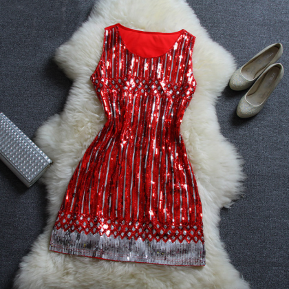 Fashion Beaded Sequined Striped Vest Dress..