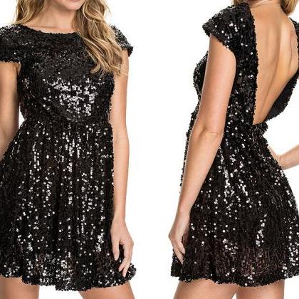 Round Neck Short-sleeved Sequined Dress Ax32012ax