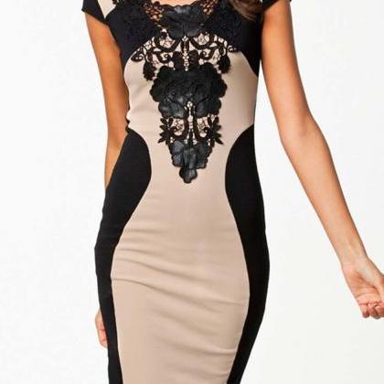Floral Lace Front Bodycon Dress With Scoop Back..