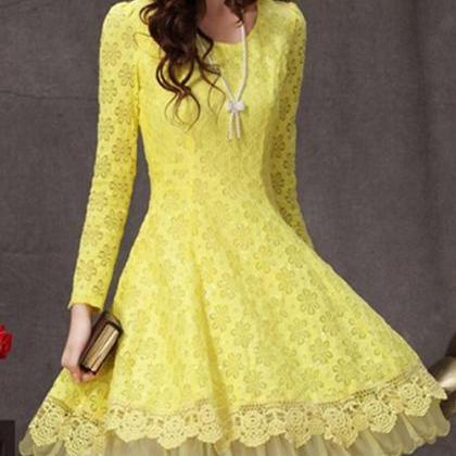Ruffled Design Long Sleeve Lace Dress Vg