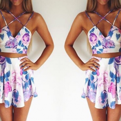 Pink And Purple Two-piece Strappy Casual Dress Set..