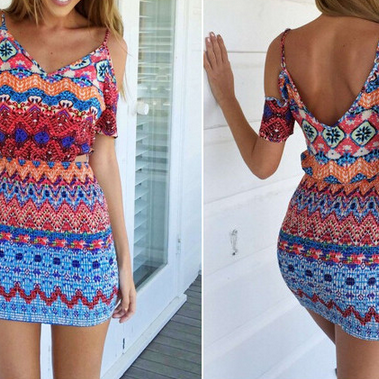 Fashion Sexy Sling Printed Package Hip Dress..