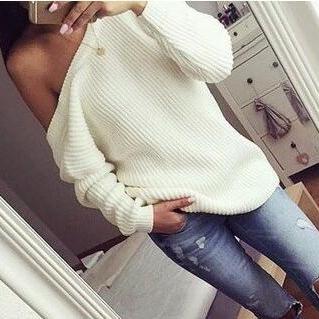 Fashion White Backless Loose Sweater