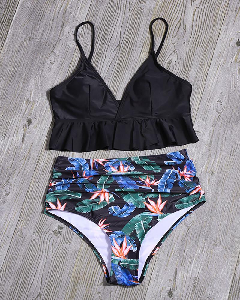 Ruffles Print Leaf Bikini Set Swimsuit Swimwear