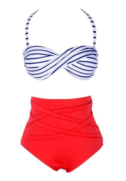 Vintage Style Stripes Bandage Bikini High Waist Padded Twisted Bandeau Swimwear Swimsuit Bathing Suit