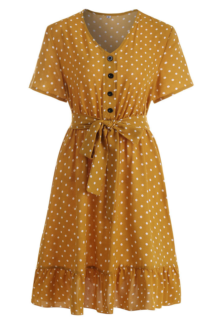 Polka Dot Print Short Sleeve V-neck Dress
