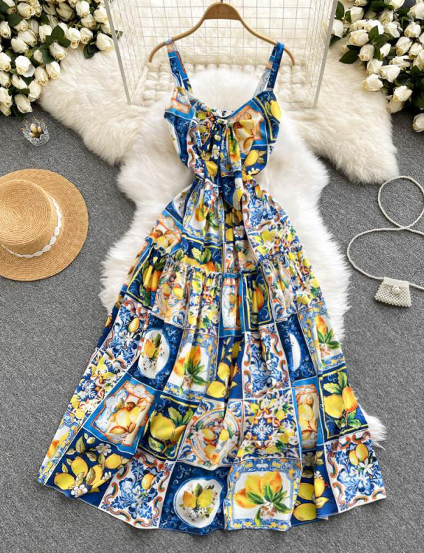 Vintage Print Strap Sleeveless Dress