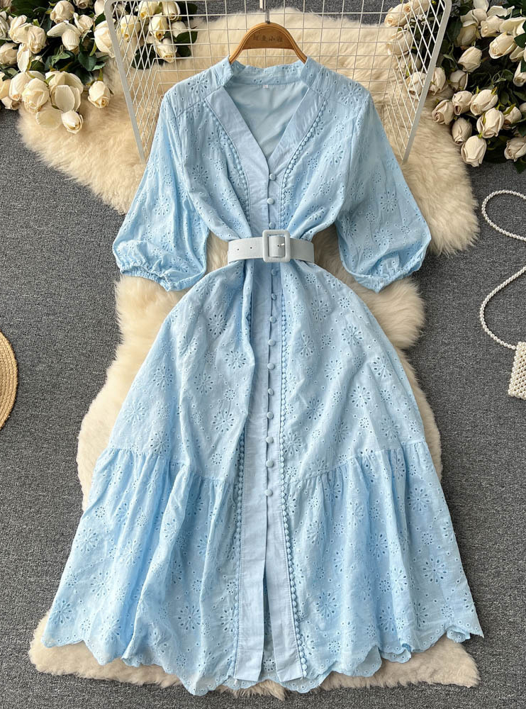 Loose Embroidery V-neck Hollow Dress