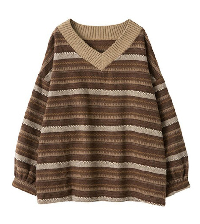 Striped V-neck Pullover Loose Sweater