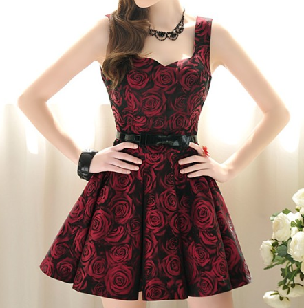 AX082810ax Red roses stitching sleeveless dress