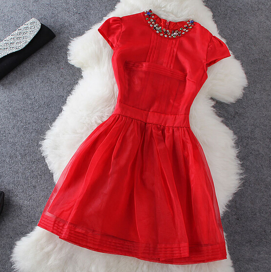 Red stitching short-sleeved dress AX093007ax