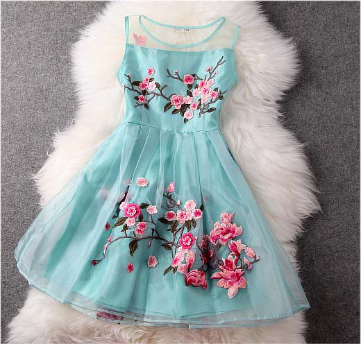 Flower Embroidery Mesh Tank Top Spring Skater Dress Ax100101ax