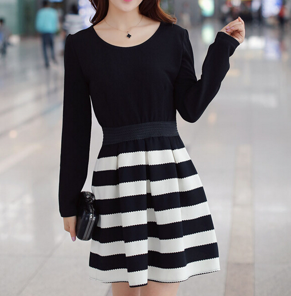 Round Neck Striped Black Long Sleeve Dress main image 0