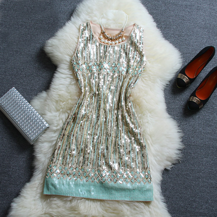 Fashion Beaded Sequined Striped Vest Dress Ax31302ax
