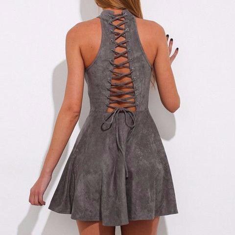 Grey Faux Suede Halter Neck Short Skater Dress Featuring Lace-up Back
