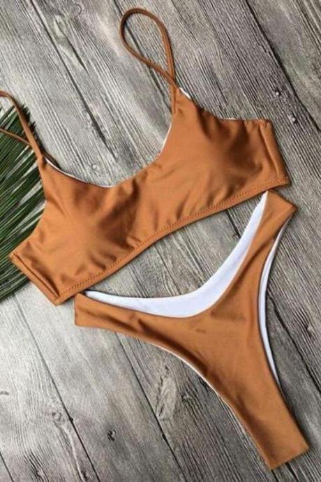 Sexy Solid Color Strap Swimwear Bikini Set