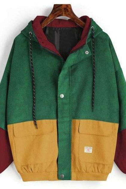 Loose Patchwork Vintage Hoodie Coats Jacket