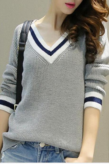 Womens V-neck Pullover Knit Sweater