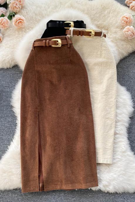 Elegant Corduroy High-waist Skirts With Sleek Belt Detail